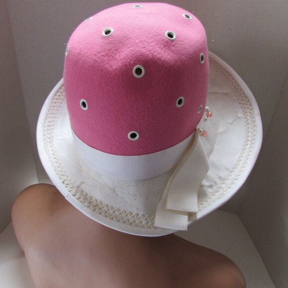 Vintage 1970 Era Hat High Crown Pink Felt White Brim main image 9